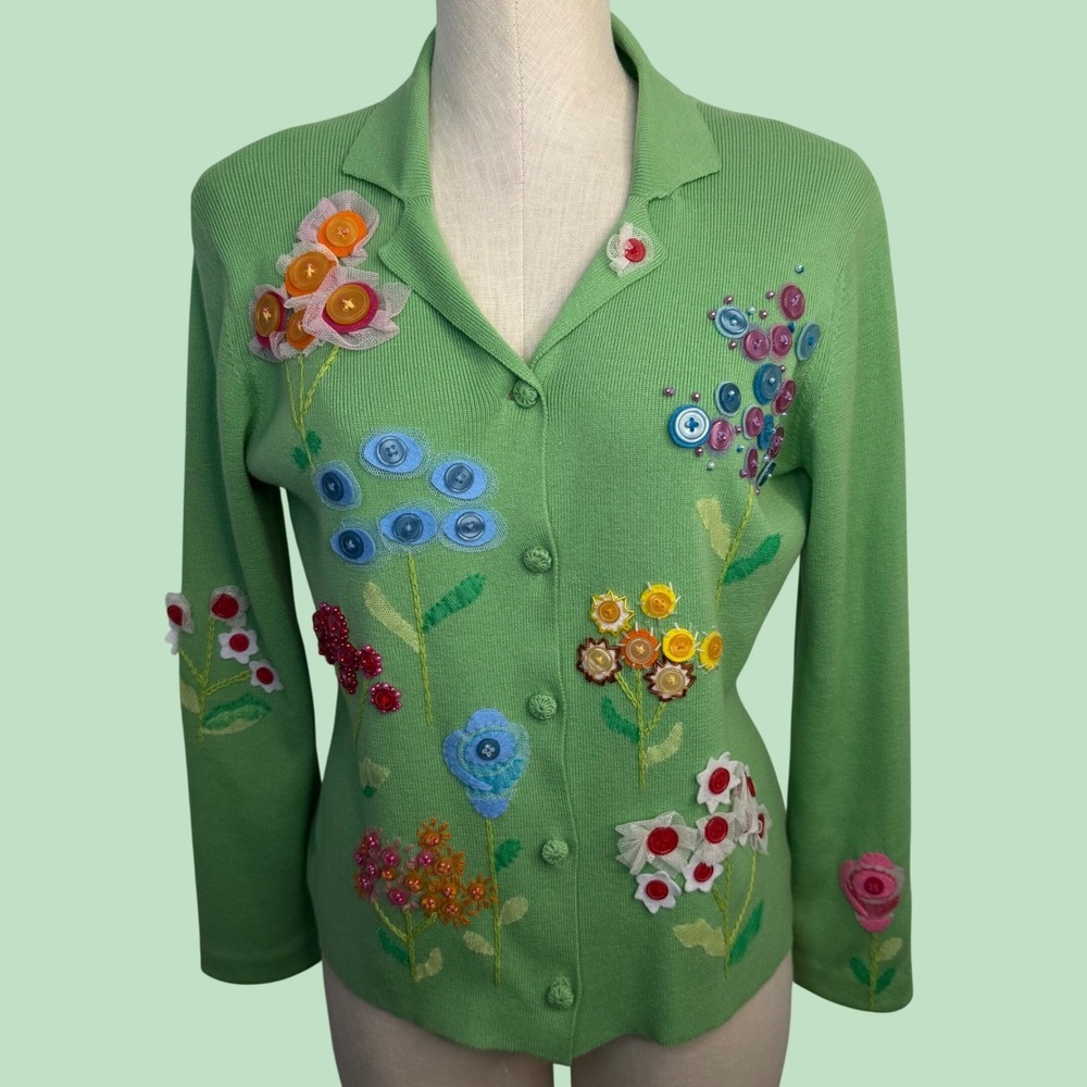 Smitten by Michael Simon Green Floral Button 3D Embellished Cardigan Sweater M